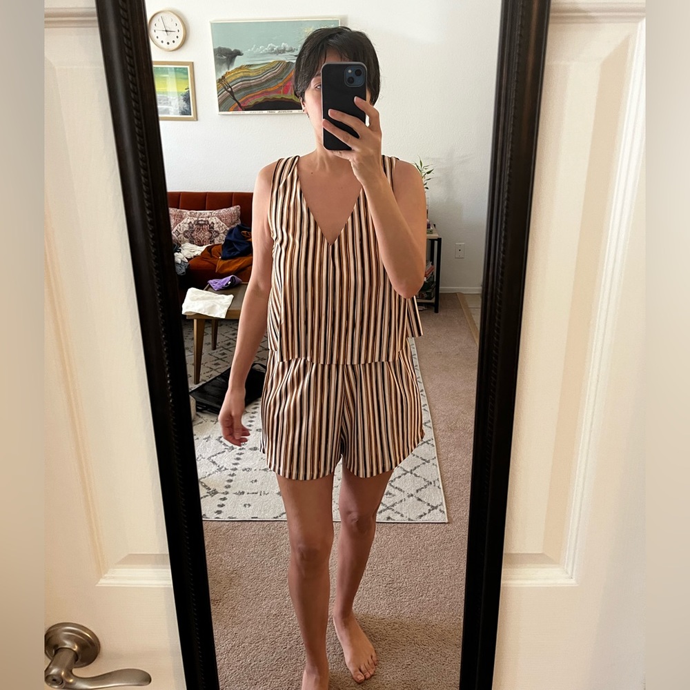 Cute deep, golden yellow, white and black striped romper